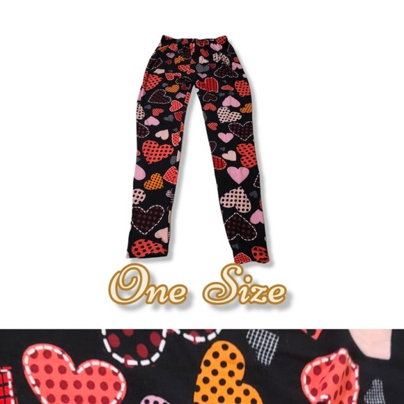 OS Leggings Heart Polka dot Valentines NWOT black red pink - Picture 1 of 10